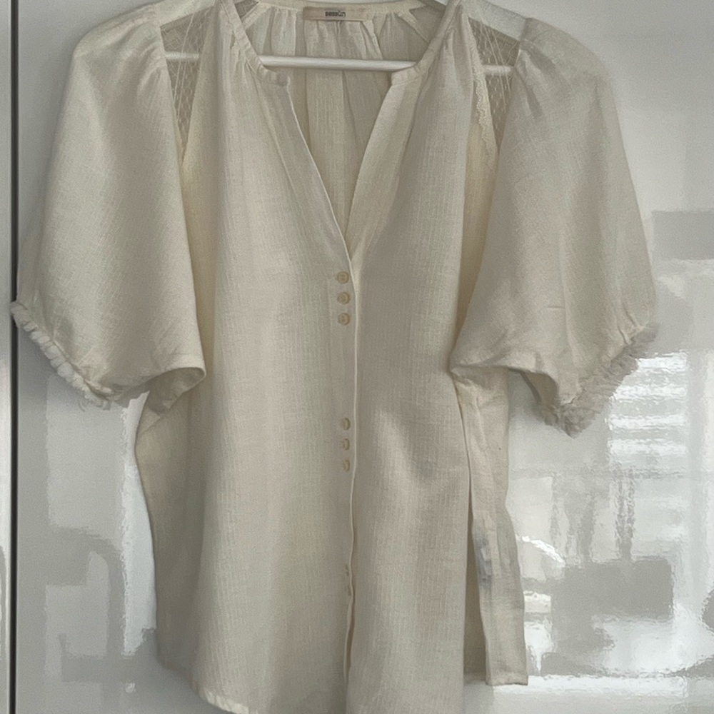Sessún Ecru Cotton Loose Blouse V-Neck Button Front – Size S / FR 36